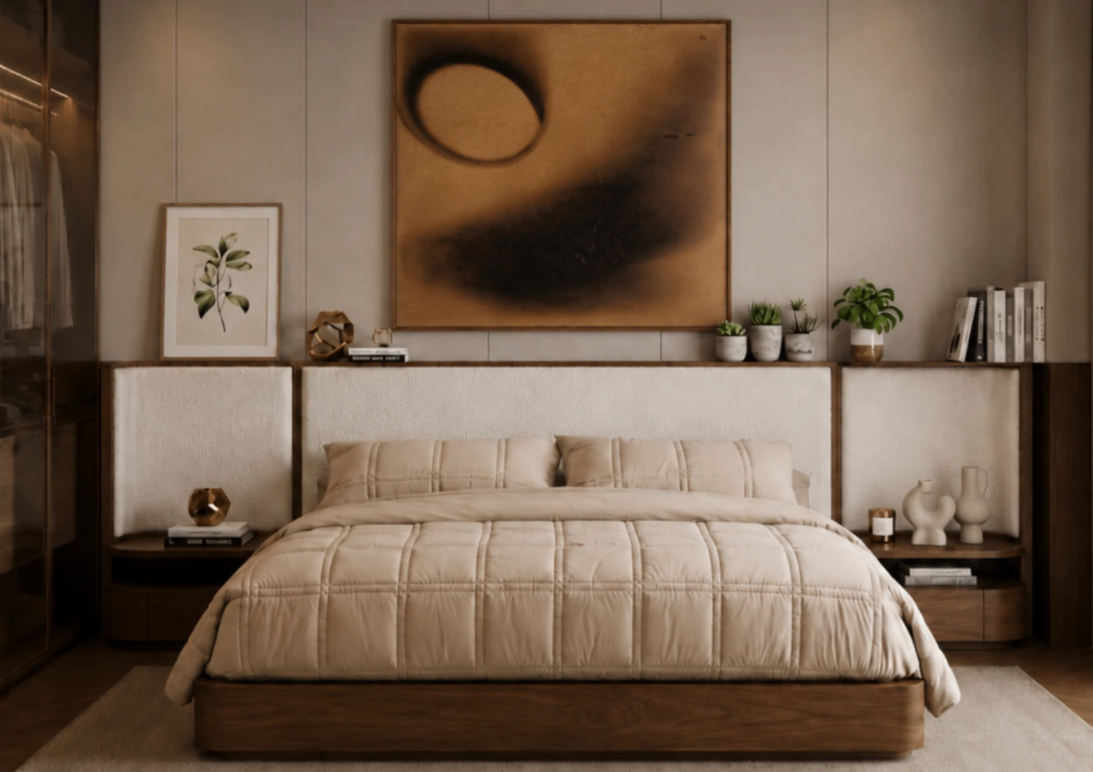 Serene master bedroom with walnut nightstands and pale bedding
