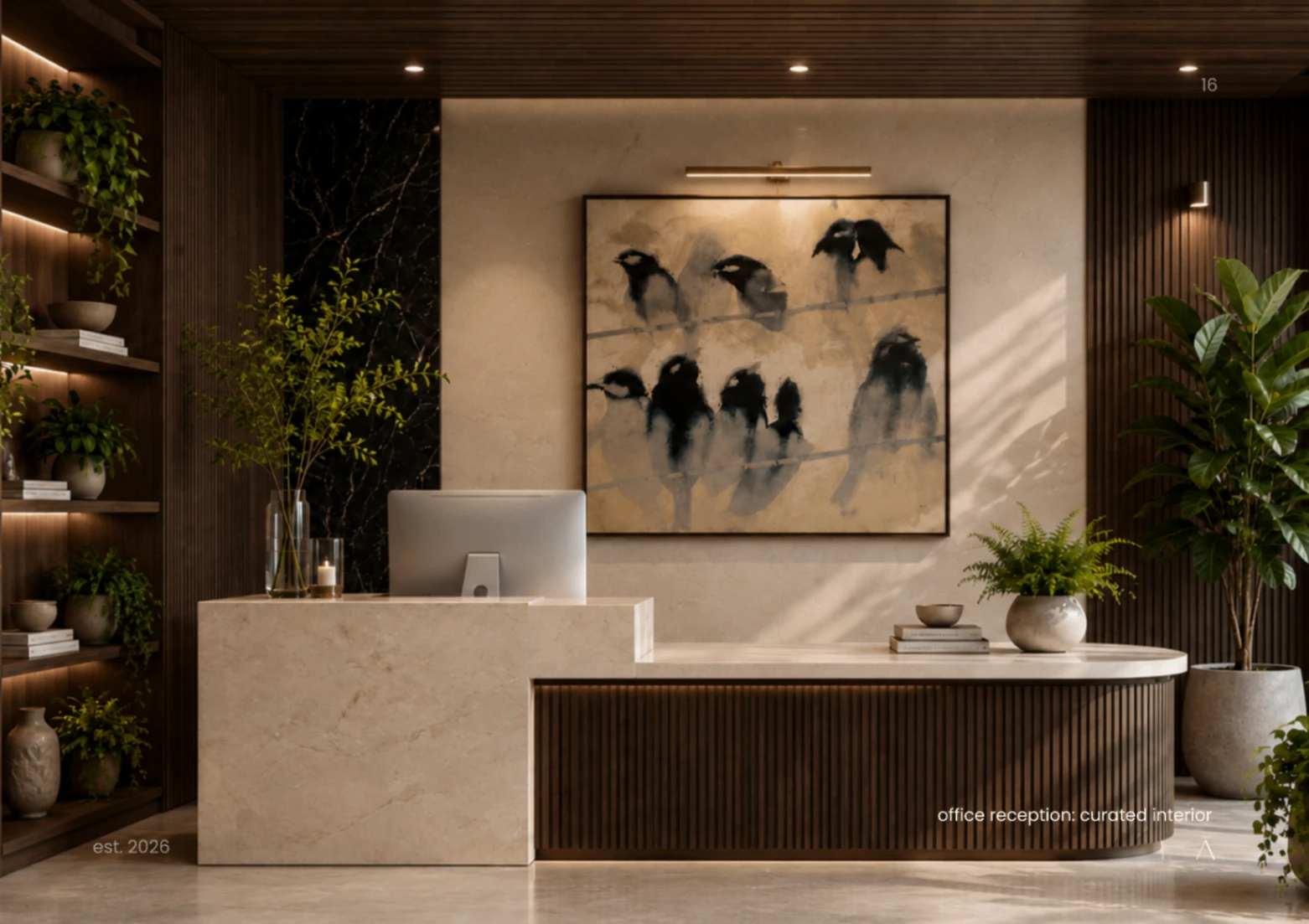 Travertine reception desk against fluted walnut with soft plants
