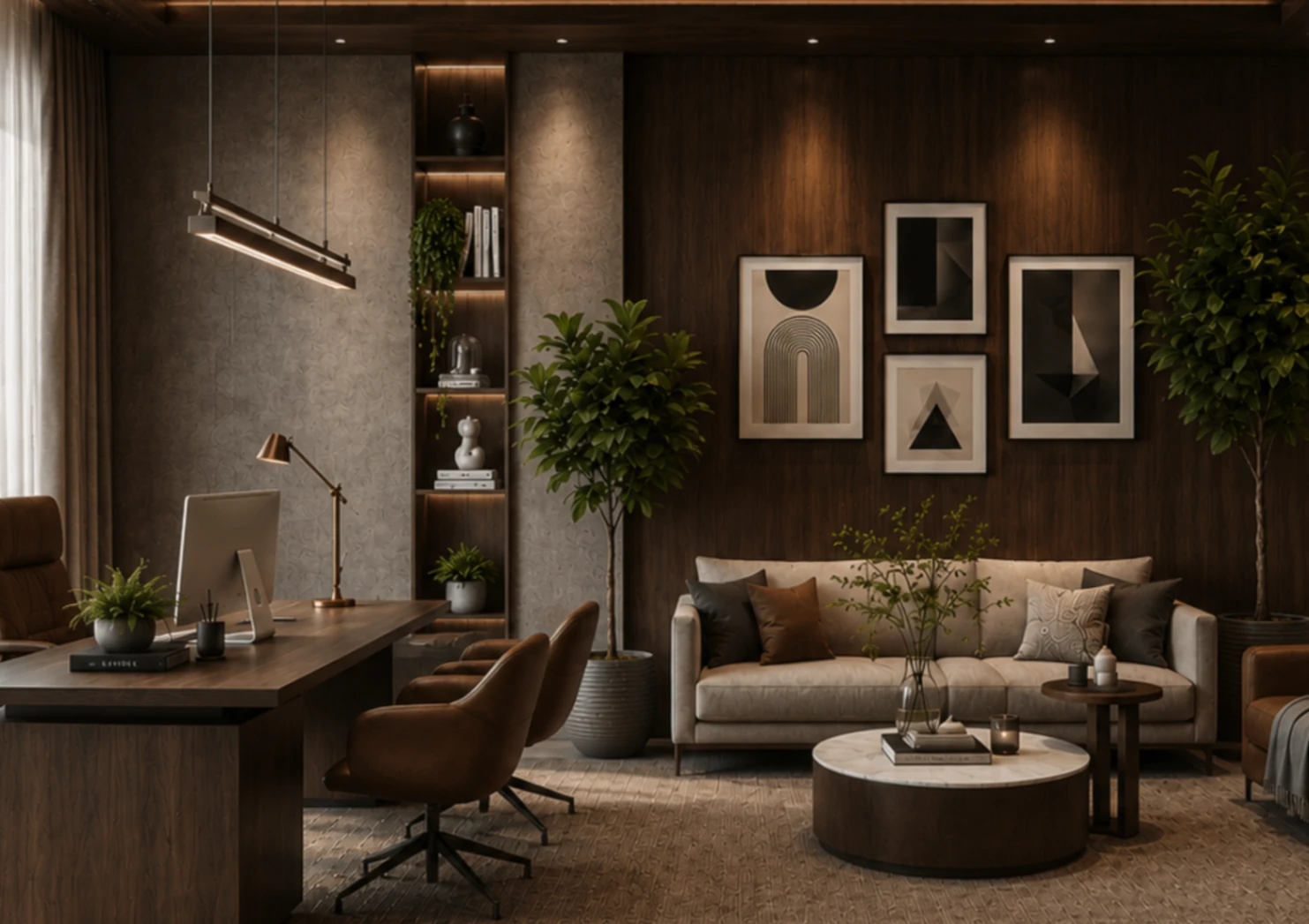 Walnut-panelled home office with an executive desk, gallery wall and a linen lounge sofa