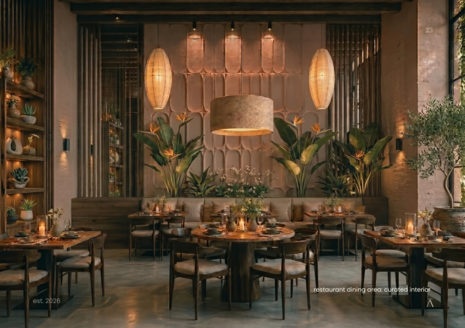 Warm restaurant dining room with rattan pendants and banquette