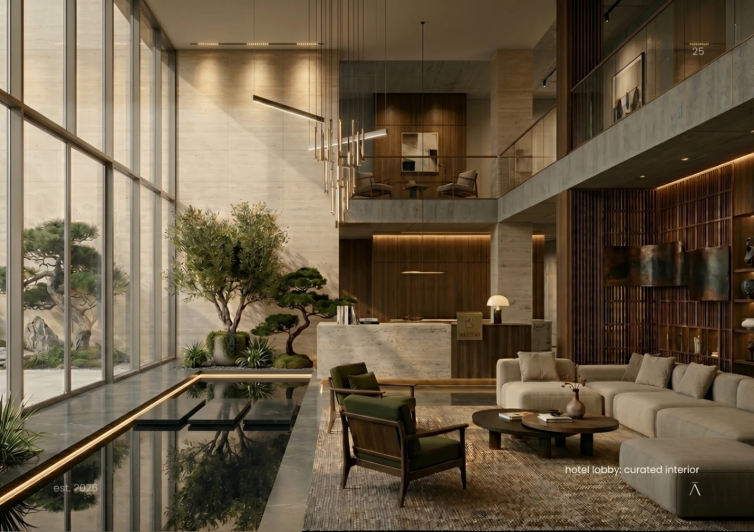 Double-height hotel lobby with reflecting pool and bonsai courtyard