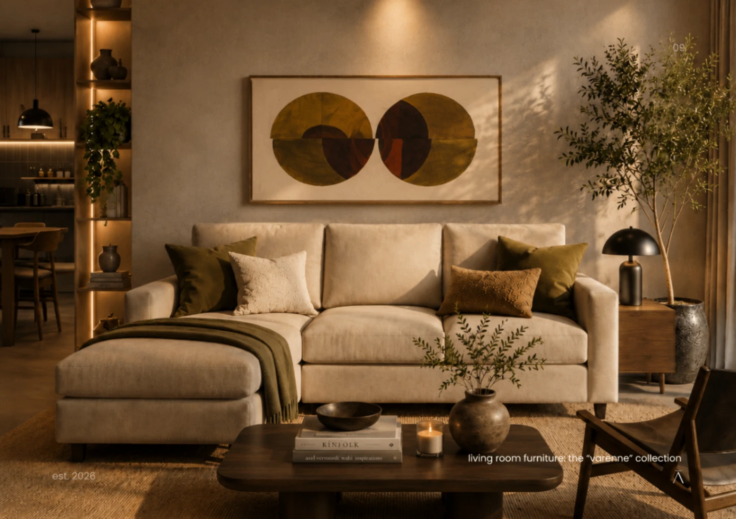 Cream linen sectional beneath a framed abstract, warm lamp light