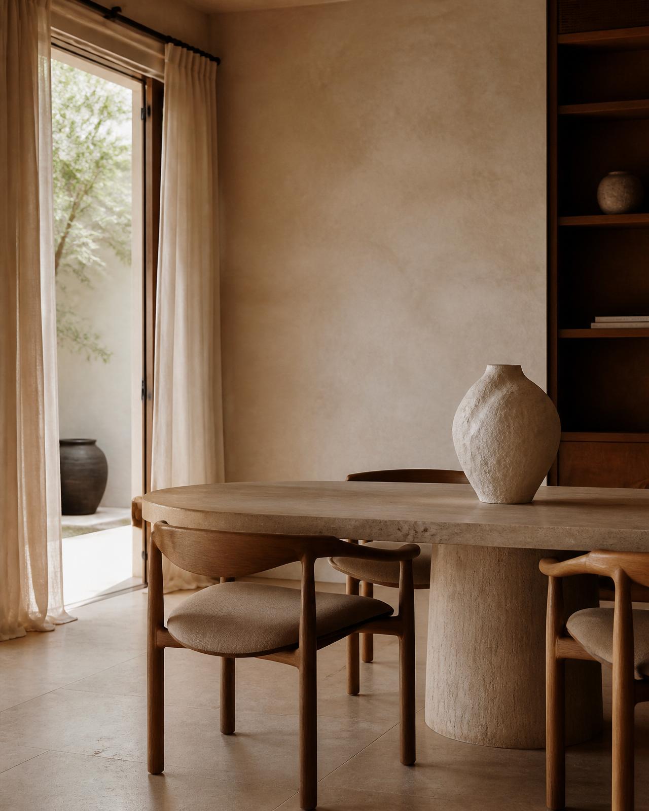 Warm dining room with rounded chairs and a travertine table