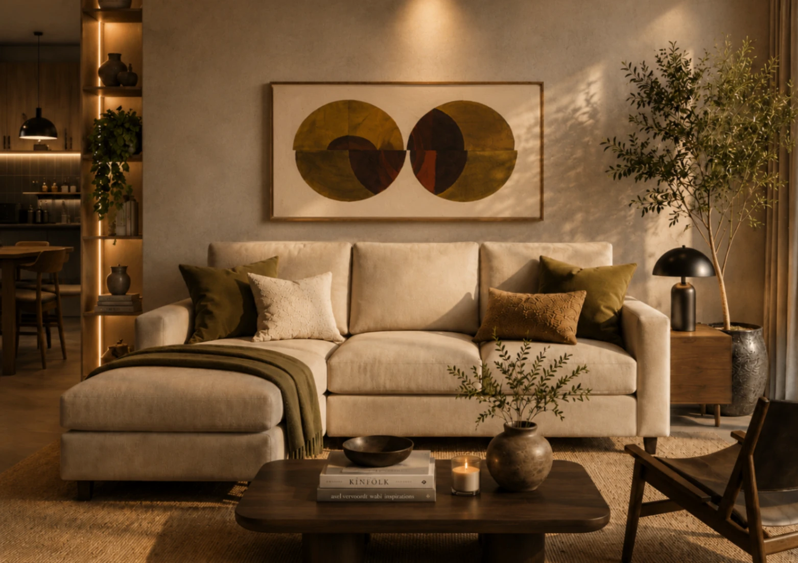 Warm evening living room with art
