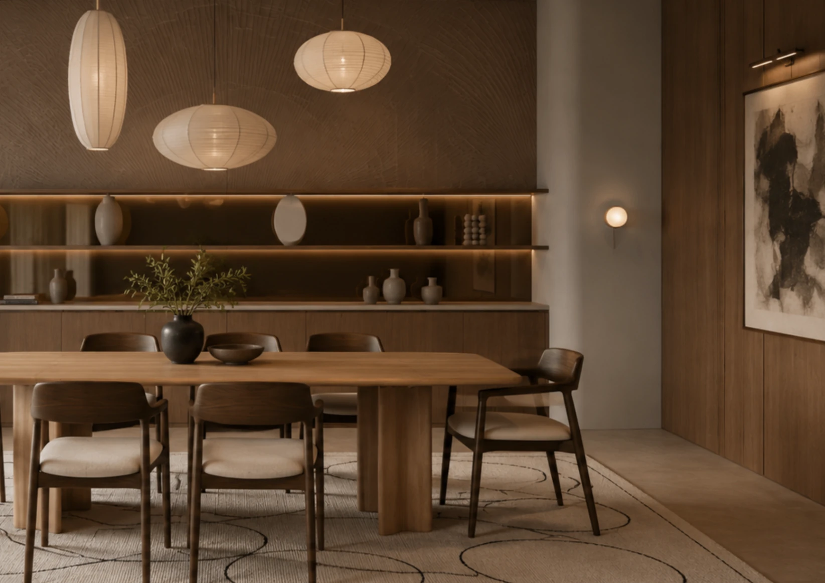 Serene dining room with paper lanterns