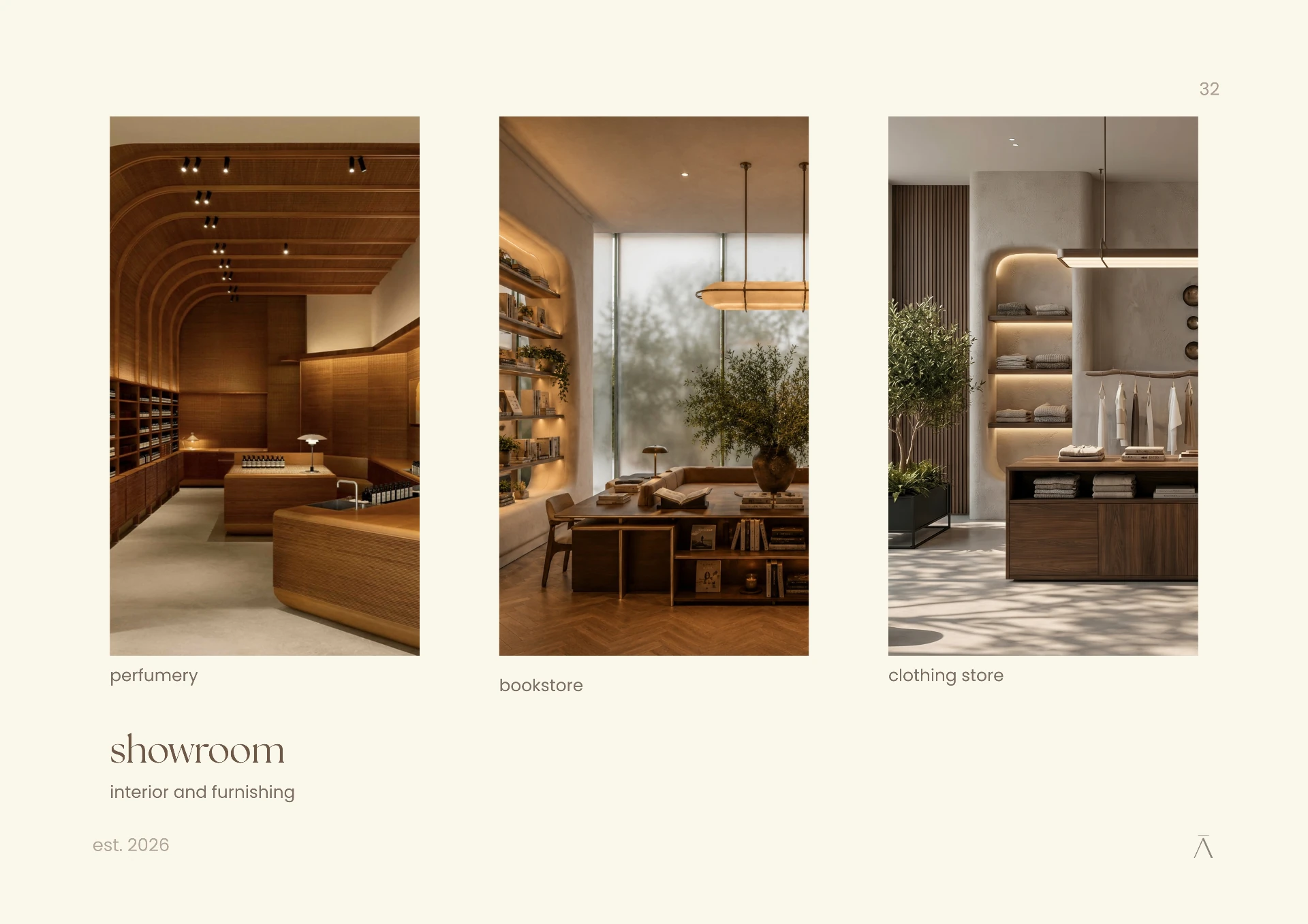 Showroom moodboard: perfumery, bookstore and clothing store interiors