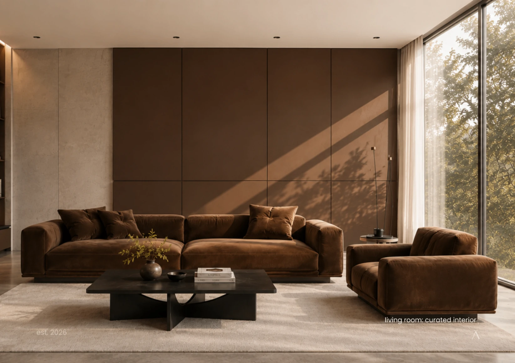 Curated brown-toned living room